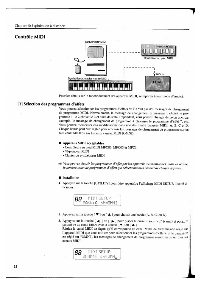 Contrôle midi, Appareils midi acceptables, Installation | Yamaha FX550 User Manual | Page 83 / 150