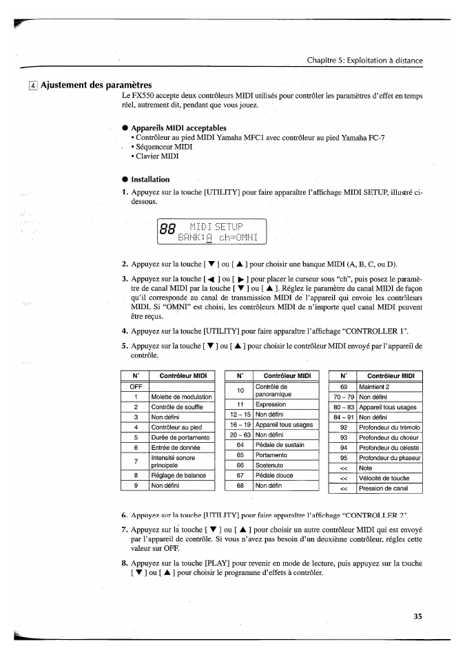 Appareils midi acceptables, Installation, Ajustement des paramètres | Yamaha FX550 User Manual | Page 86 / 150