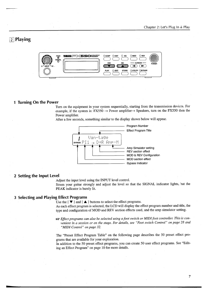 Playing, Cd cd o czd, Cd cd) cd cd ccd | 1 turning on the power, 2 setting the input level, 3 selecting and playing effect programs | Yamaha FX550 User Manual | Page 9 / 150