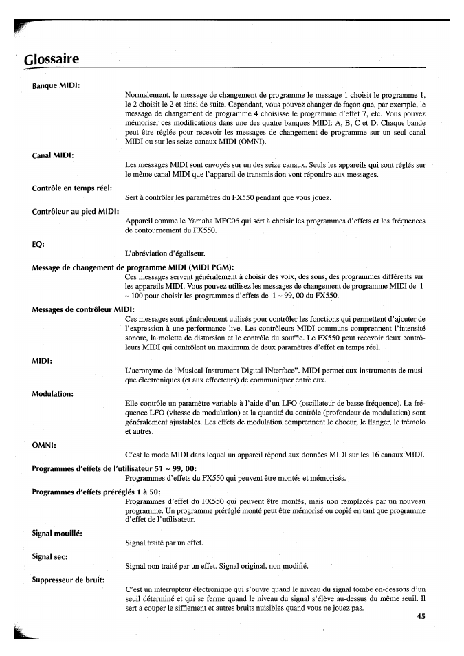 Glossaire, Midi | Yamaha FX550 User Manual | Page 96 / 150