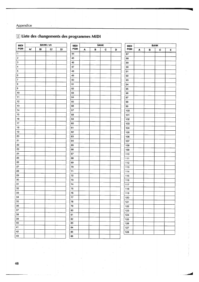 Liste des changements des programmes midi, Appendice | Yamaha FX550 User Manual | Page 99 / 150
