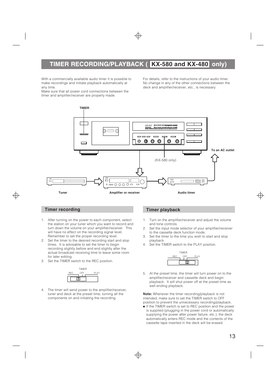 Timer recording/playback ( kx-580 and kx-480 only), Timer recording, Timer playback | Timer recording timer playback | Yamaha YHT-580 User Manual | Page 13 / 18