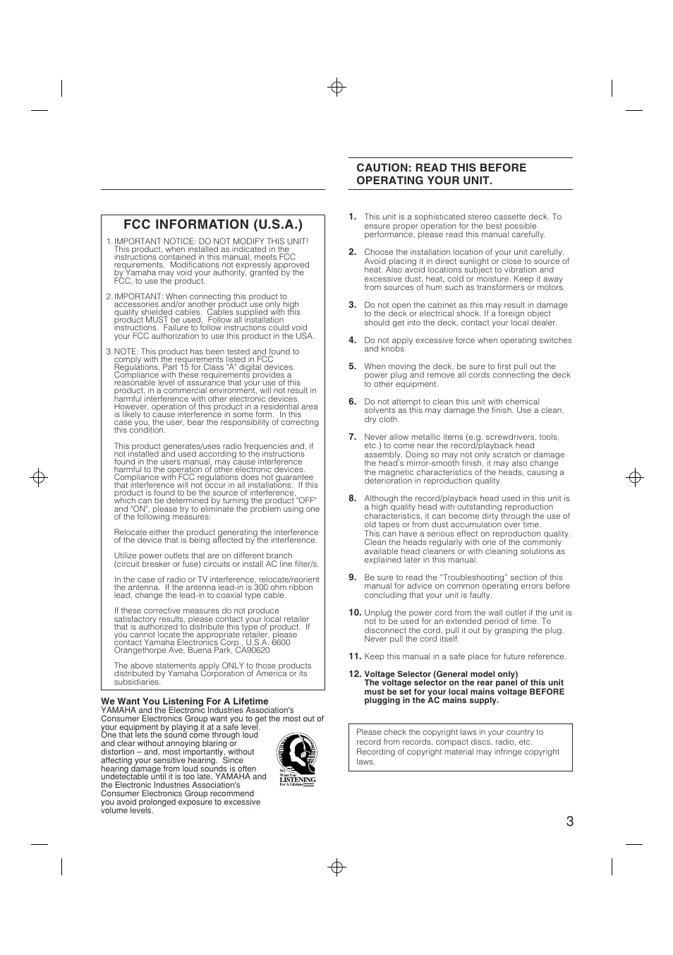 Fcc information (u.s.a.) | Yamaha YHT-580 User Manual | Page 3 / 18