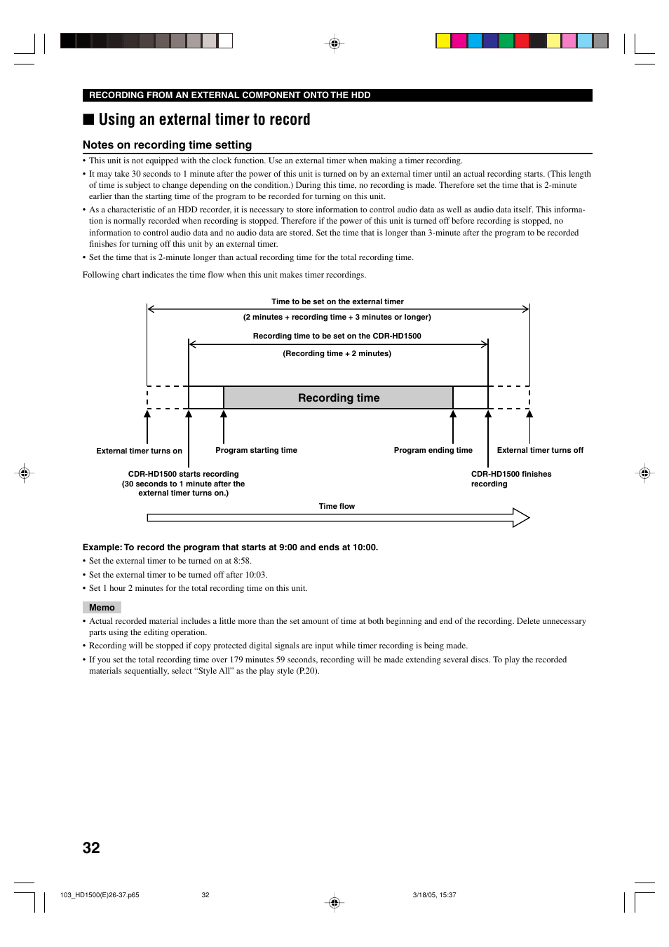 Using an external timer to record, Recording time | Yamaha CDR-HD1500HDD User Manual | Page 38 / 90