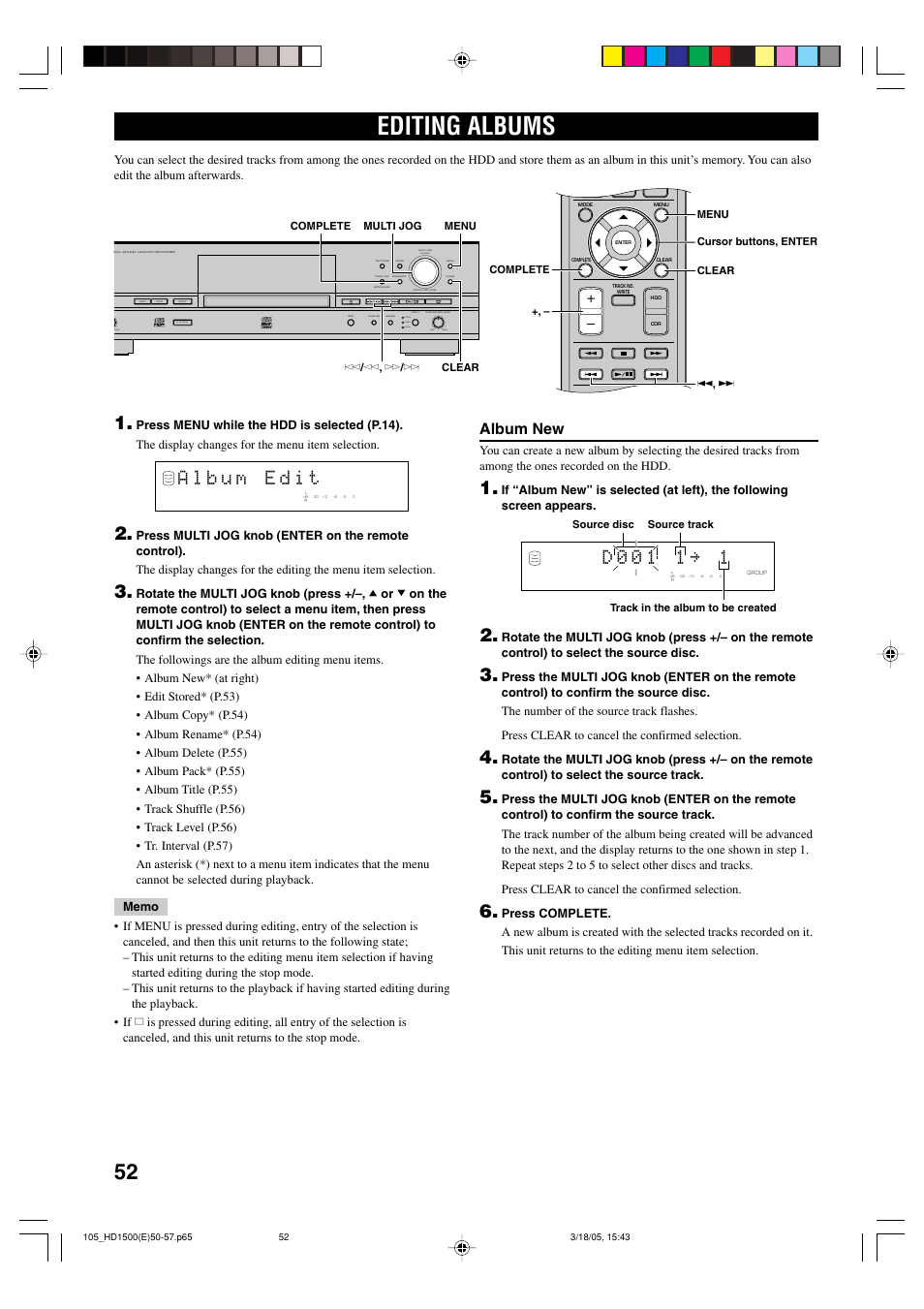 Editing albums, Album new, Push enter | Min max optical, Coaxial analog | Yamaha CDR-HD1500HDD User Manual | Page 58 / 90