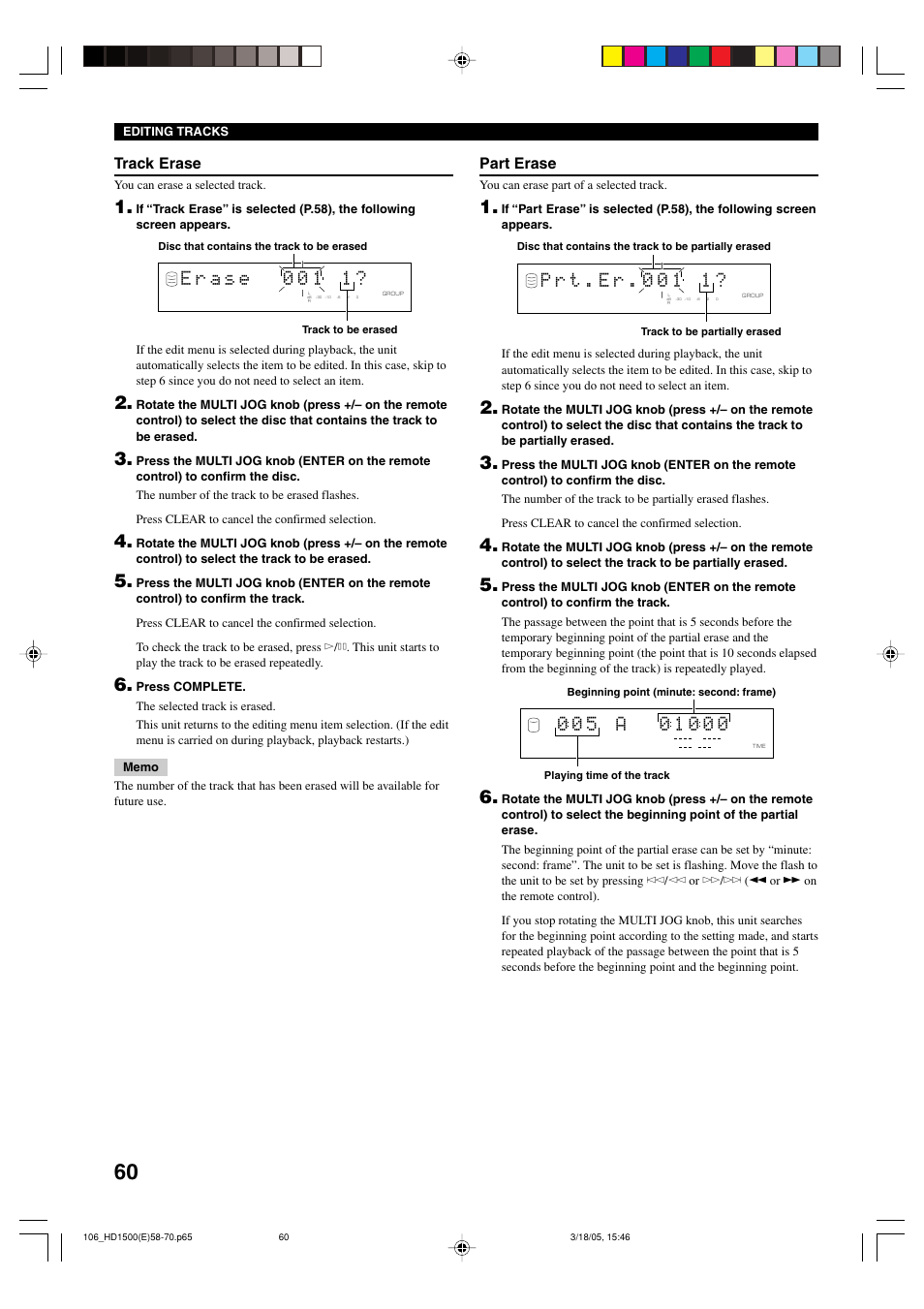 P r t . e r . 0 0 1 1, Track erase, Part erase | Yamaha CDR-HD1500HDD User Manual | Page 66 / 90