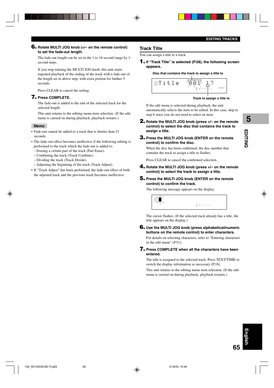 English editing, Track title | Yamaha CDR-HD1500HDD User Manual | Page 71 / 90