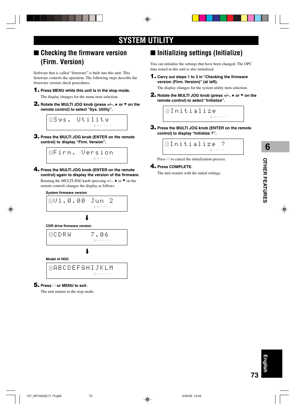 System utility, Checking the firmware version (firm. version), Initializing settings (initialize) | English o ther fea tures | Yamaha CDR-HD1500HDD User Manual | Page 79 / 90