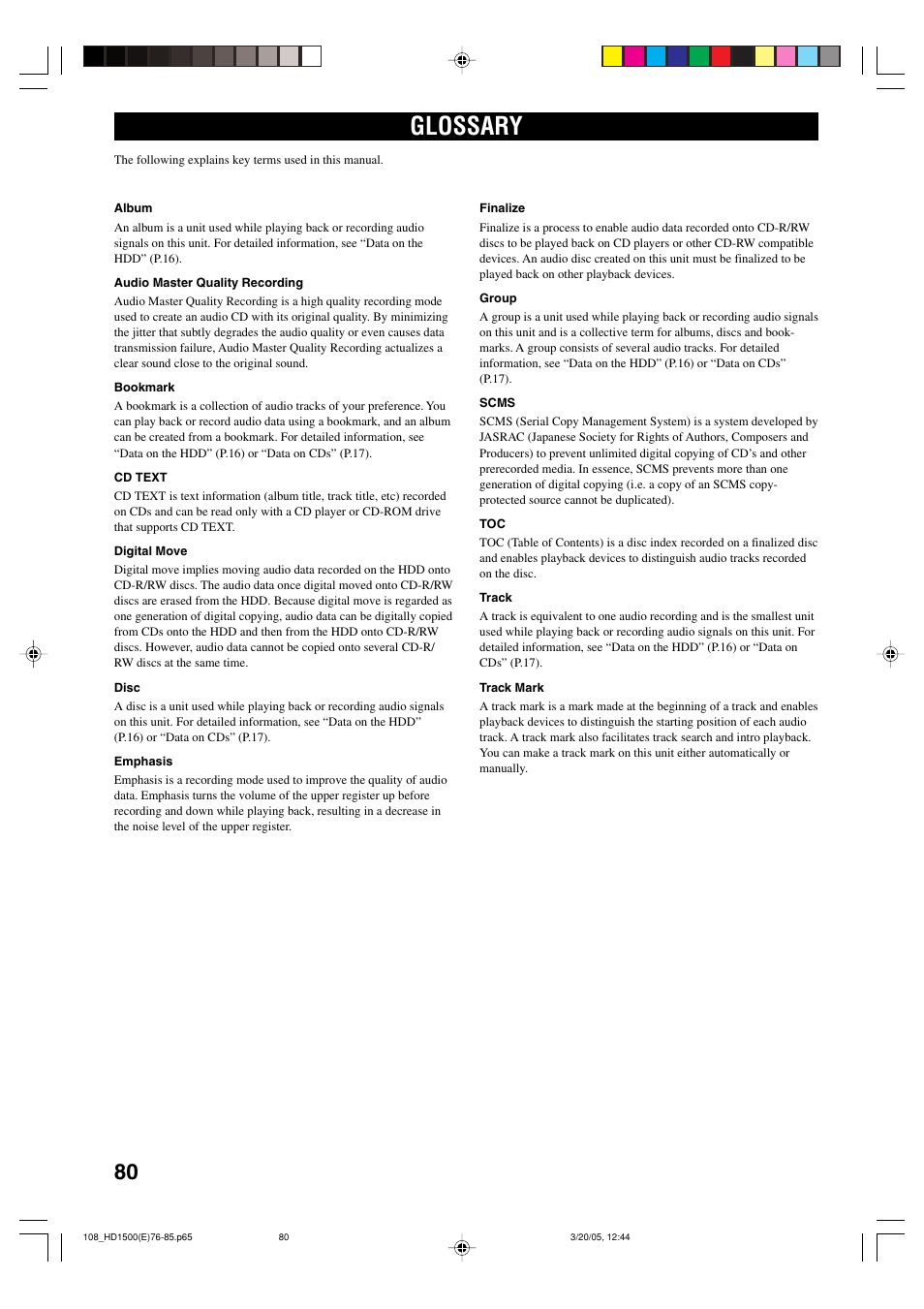 Glossary | Yamaha CDR-HD1500HDD User Manual | Page 86 / 90