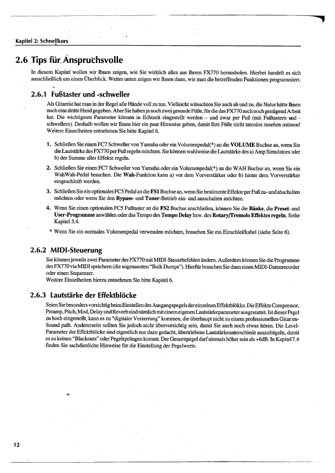Kapitel 2; schnellkurs, 6 tips für anspruchsvolle, 1 fußtaster und -schweller | 2 midi-steuerung, 3 lautstärke der effektblöcke | Yamaha FX770 User Manual | Page 167 / 231