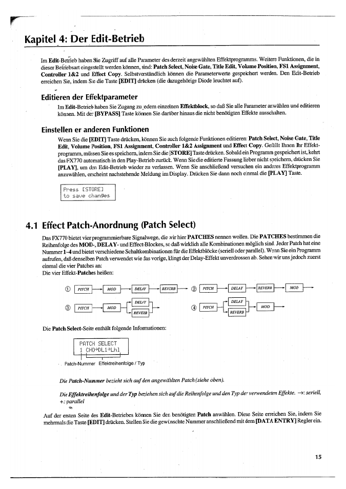 Kapitel 4: der edit-betrieb, Editieren der effektparameter, Einstellen er anderen funktionen | 1 effect patch-anordnung (patch select) | Yamaha FX770 User Manual | Page 170 / 231