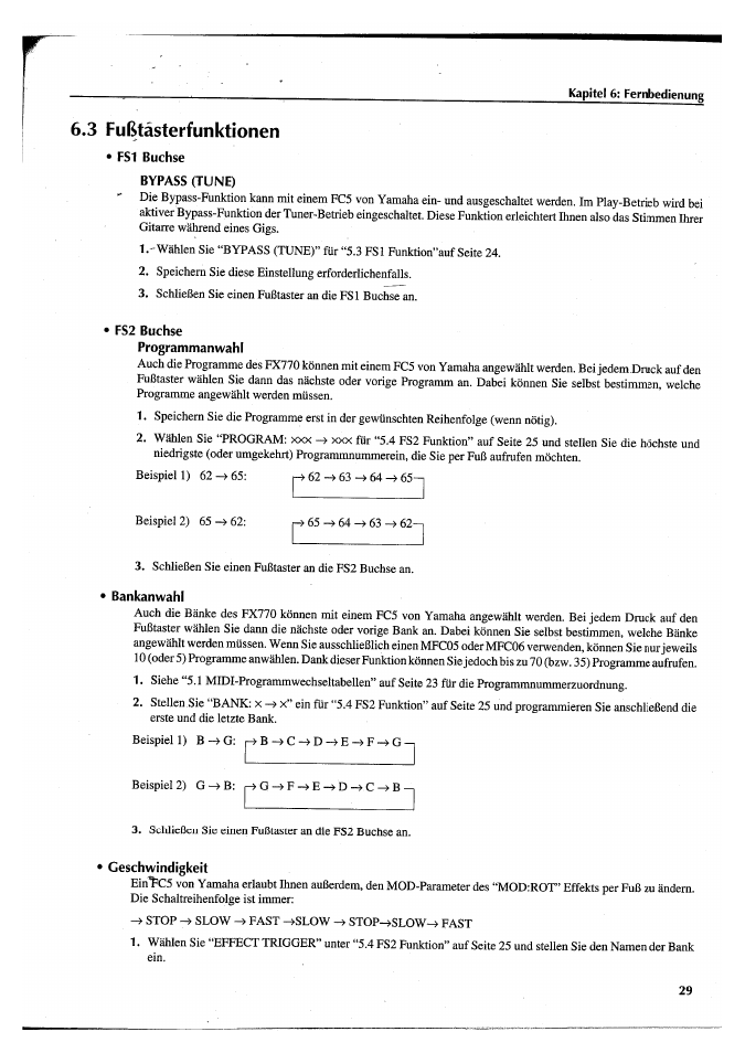 3 fußtästerfunktionen, Fs1 buchse, Bypass (tune) | Fs2 buchse, Programmanwahl, Bankanwahl, Geschwindigkeit, 3 fußtasterfunktionen | Yamaha FX770 User Manual | Page 184 / 231