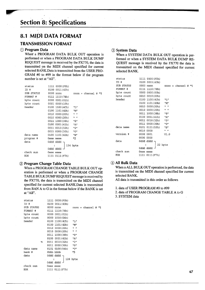 Section 8: specifications, 1 midi data format, Transmission format | Section 8: midi data format | Yamaha FX770 User Manual | Page 70 / 231