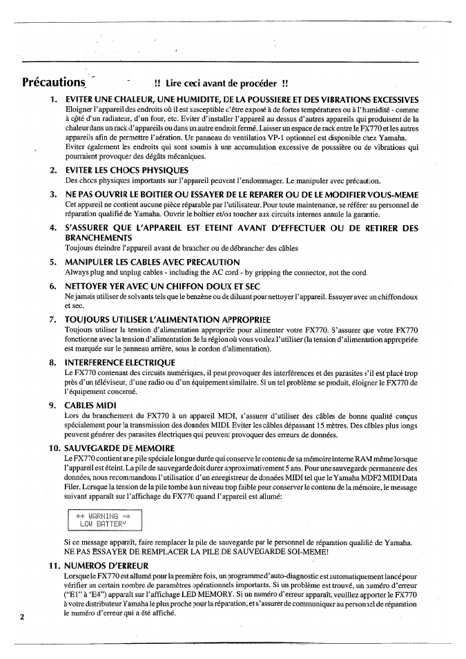 Précautions, Eviter les chocs physiques, Manipuler les cables avec precaution | Nettoyer yer avec un chiffon doux et sec, Toujours utiliser l'alimentation appropriee, Interference electrique, Cables midi, Sauvegarde de memoire, Numeros d'erreur | Yamaha FX770 User Manual | Page 81 / 231