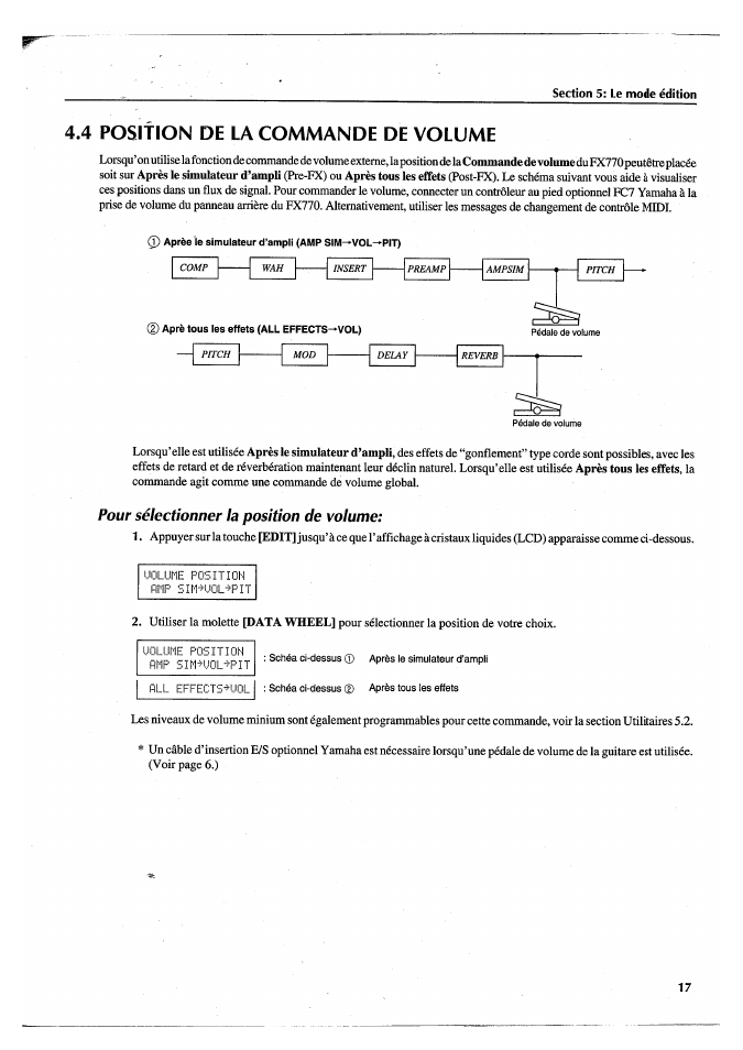 4 position de la commande de volume, Pour sélectionner la position de volume, 4 position de la commande de volume.17 | Yamaha FX770 User Manual | Page 96 / 231