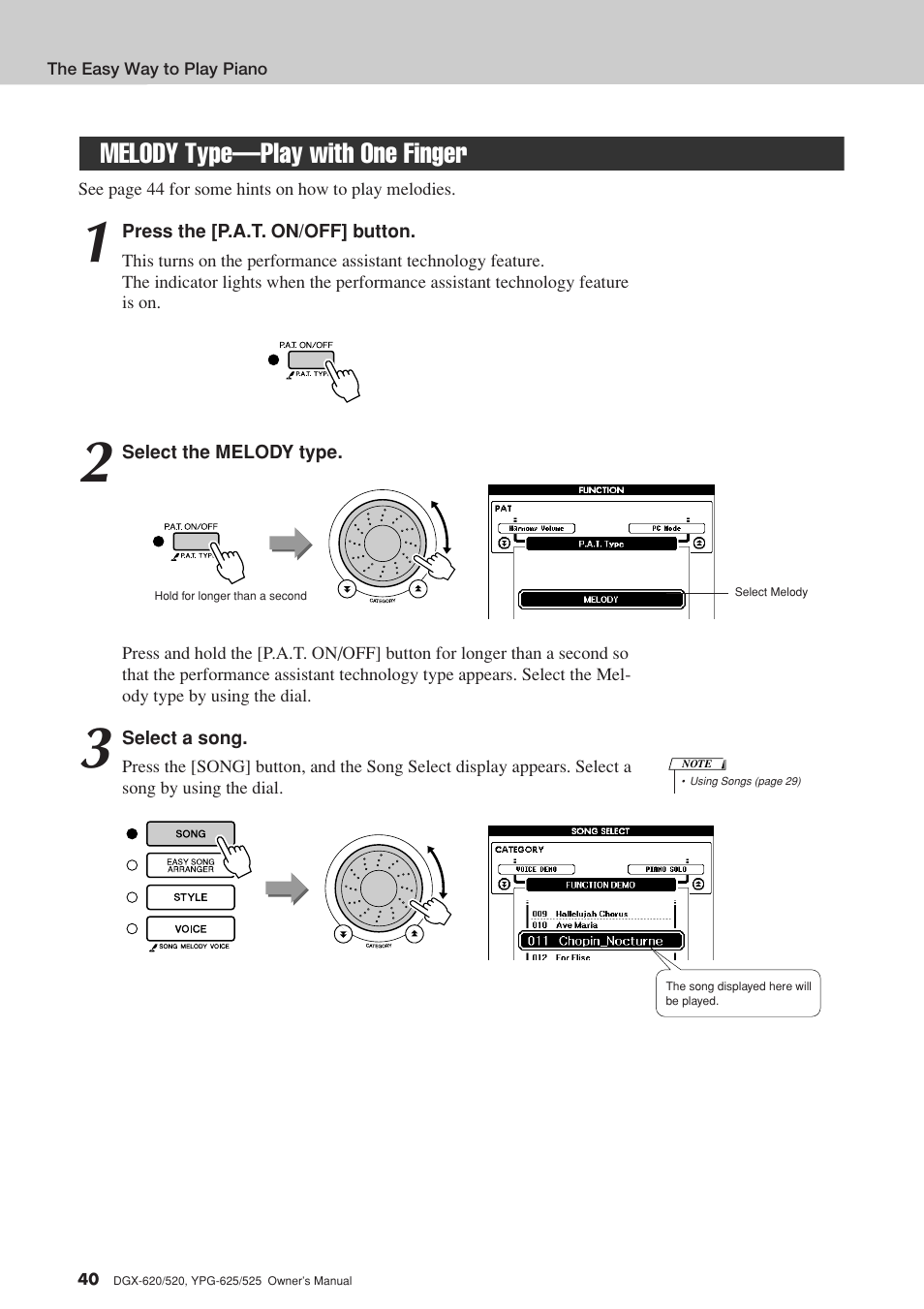 Melody type-play with one finger, Melody type—play with one finger | Yamaha EN Keyboard User Manual | Page 40 / 142