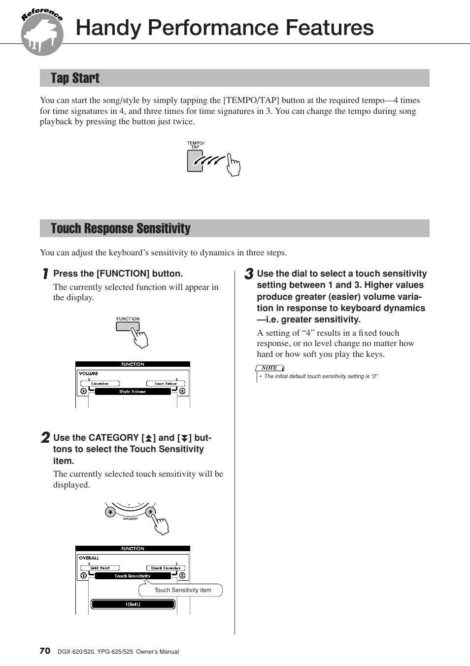 Handy performance features, Tap start, Touch response sensitivity | Tap start touch response sensitivity | Yamaha EN Keyboard User Manual | Page 70 / 142