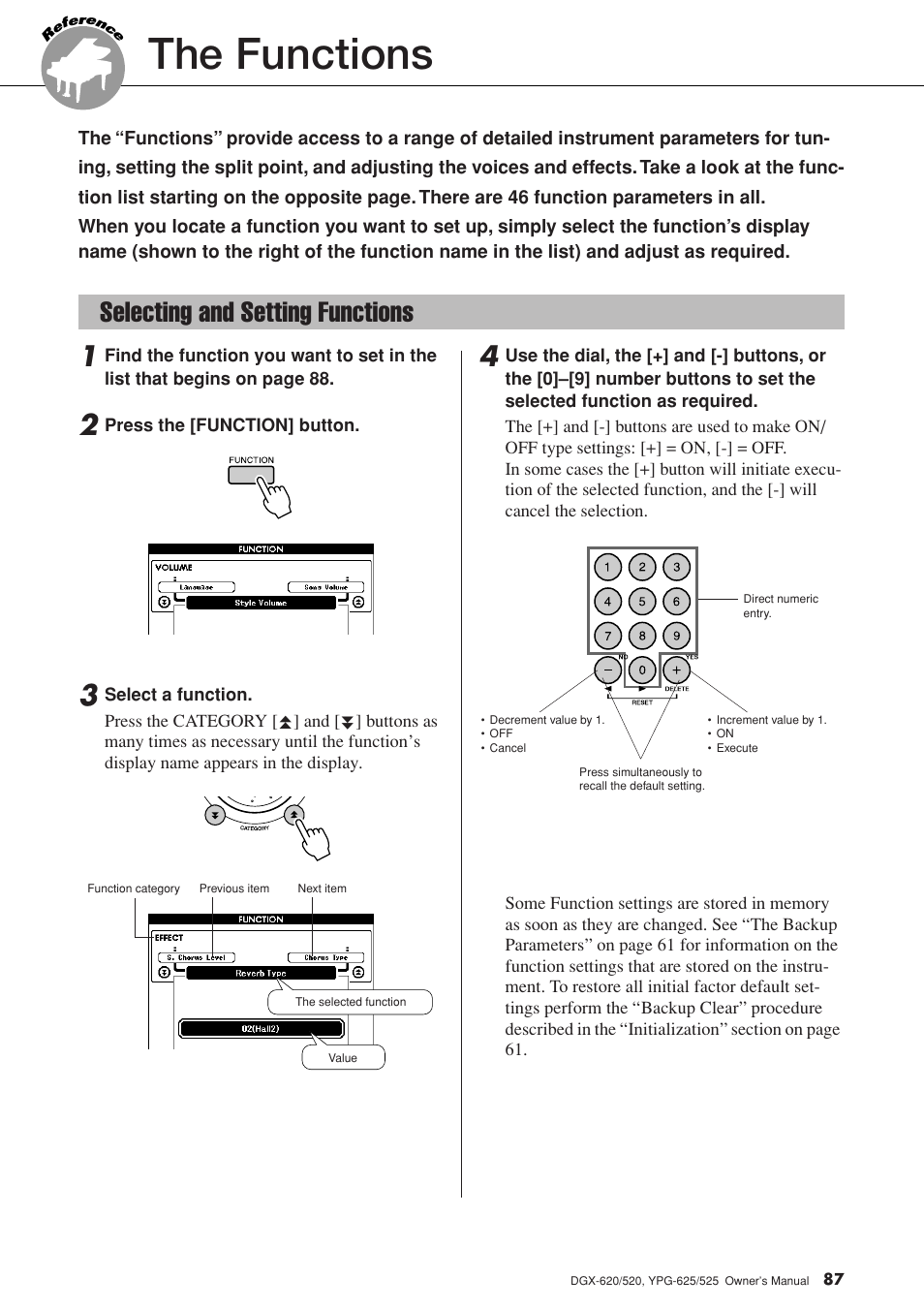 The functions, Selecting and setting functions | Yamaha EN Keyboard User Manual | Page 87 / 142