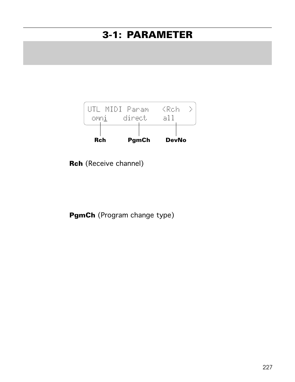 1: parameter, Utl midi param <rch > omni direct all | Yamaha TG500 User Manual | Page 239 / 334
