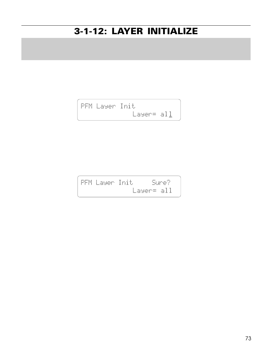 1-12: layer initialize, Pfm layer init layer= al l, Pfm layer init sure? layer= all | Yamaha TG500 User Manual | Page 85 / 334