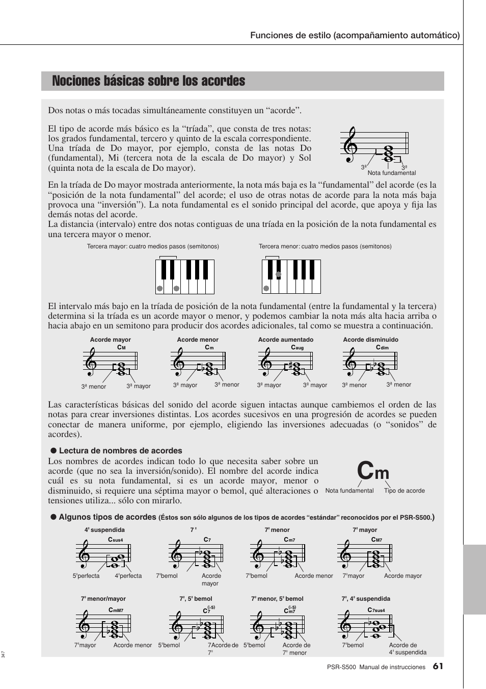 Nociones básicas sobre los acordes, Funciones de estilo (acompañamiento automático), Lectura de nombres de acordes | Algunos tipos de acordes | Yamaha WH27910 User Manual | Page 61 / 122