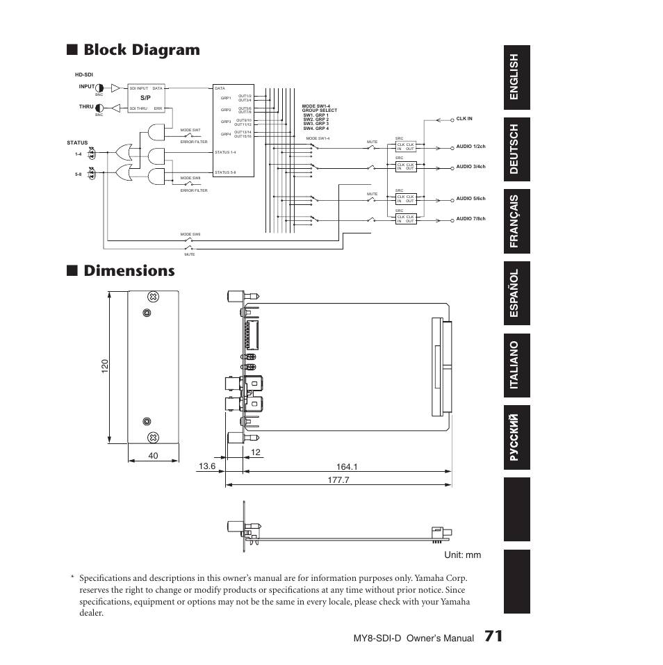 Block diagram, Dimensions, 71 ■ block diagram ■ dimensions | It aliano esp añol français deutsch english, My8-sdi-d owner’s manual, Unit: mm | Yamaha MY8-SDI-D User Manual | Page 12 / 17