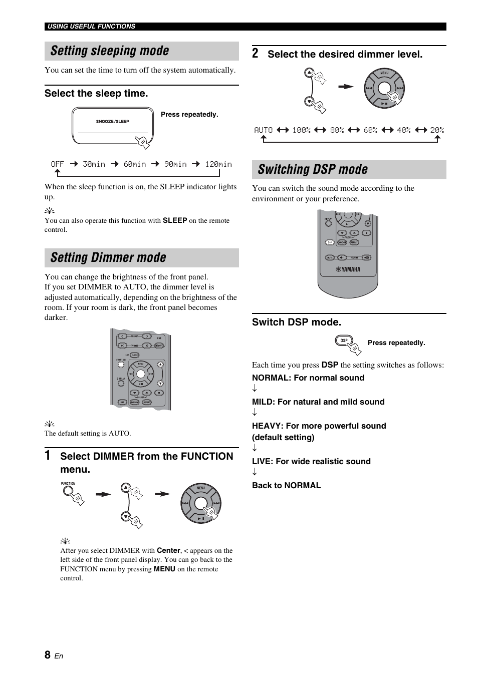 Setting sleeping mode, Setting dimmer mode, Switching dsp mode | P. 8), P. 8, Setting sleeping mode setting dimmer mode | Yamaha TSX-130 User Manual | Page 12 / 25