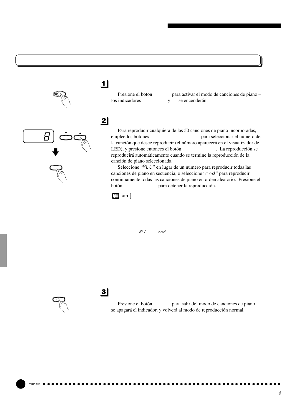 Reproducción de las canciones de demostración, Canción de piano, Active el modo de canciones de piano | Reproduzca una canción de piano, Salga del modo de canción de piano | Yamaha PDP-101 User Manual | Page 12 / 47