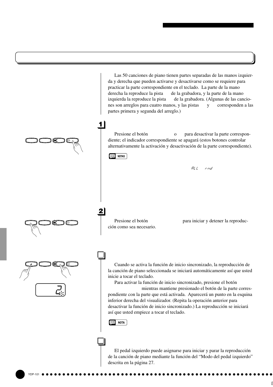 Reproducción de las canciones de demostración, Cancelación de la parte de canción de piano, Desactive la parte deseada | Inicio/parada de la reproducción, Inicio sincronizado, Inicio/parada con el pedal izquierdo | Yamaha PDP-101 User Manual | Page 14 / 47