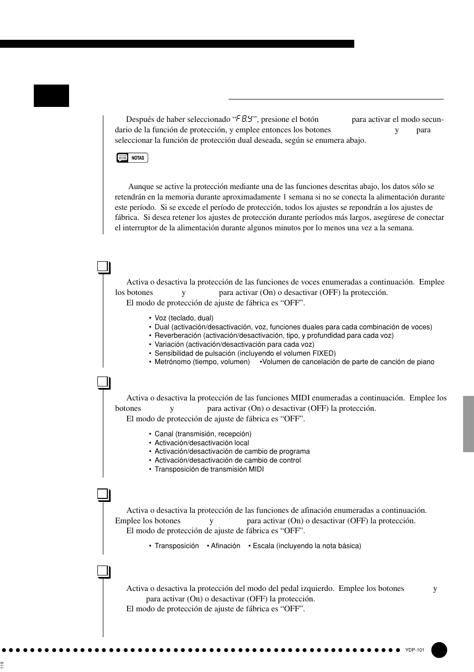 Modo de función, Funciones de protección | Yamaha PDP-101 User Manual | Page 31 / 47