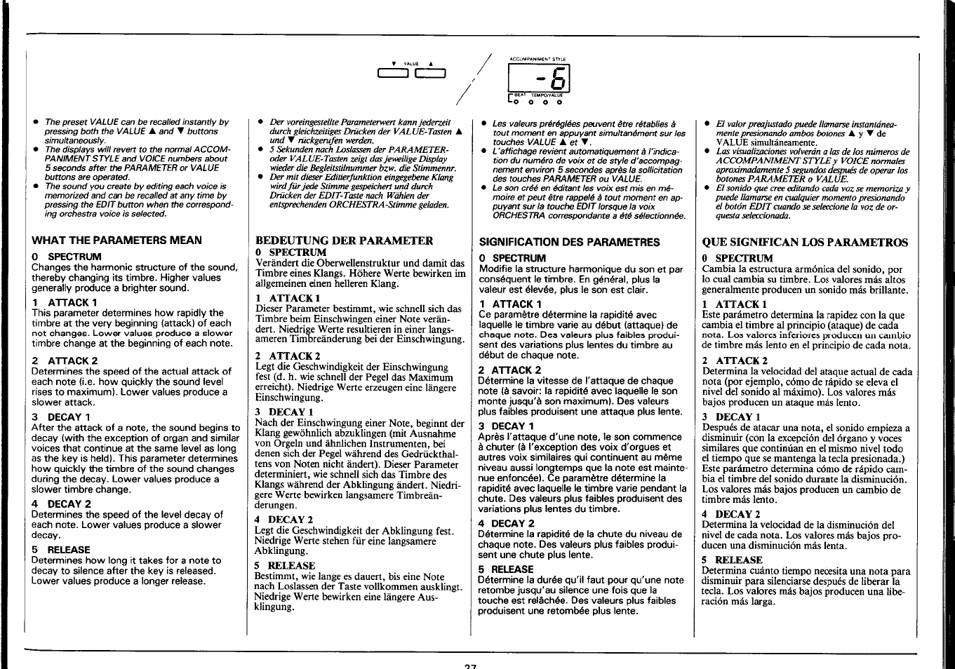 What the parameters mean, Bedeutung der parameter, Signification des parametres | Que significan los parametros, Signification des paramètres, Qué significan los parámetros | Yamaha Portatone PSR-4500 User Manual | Page 29 / 48