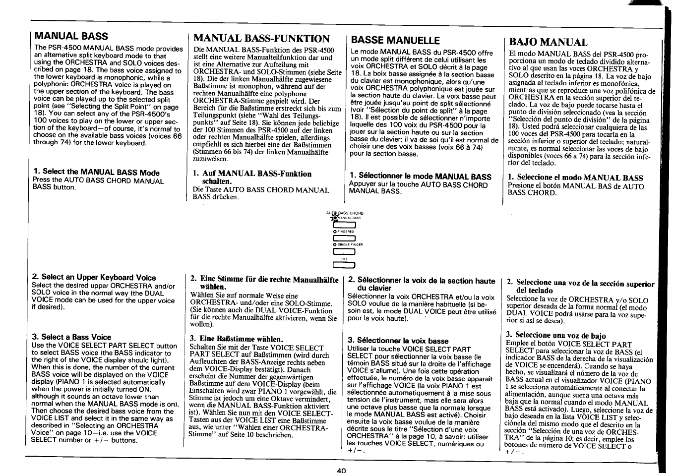 Manual bass, Select the manual bass mode, Manual bass-funktion | Auf manual bass-funktion schalten, Basse manuelle, Sélectionner le mode manual bass, Bajo manual, Seleccione el modo manual bass, Select an upper keyboard voice, Select a bass voice | Yamaha Portatone PSR-4500 User Manual | Page 42 / 48