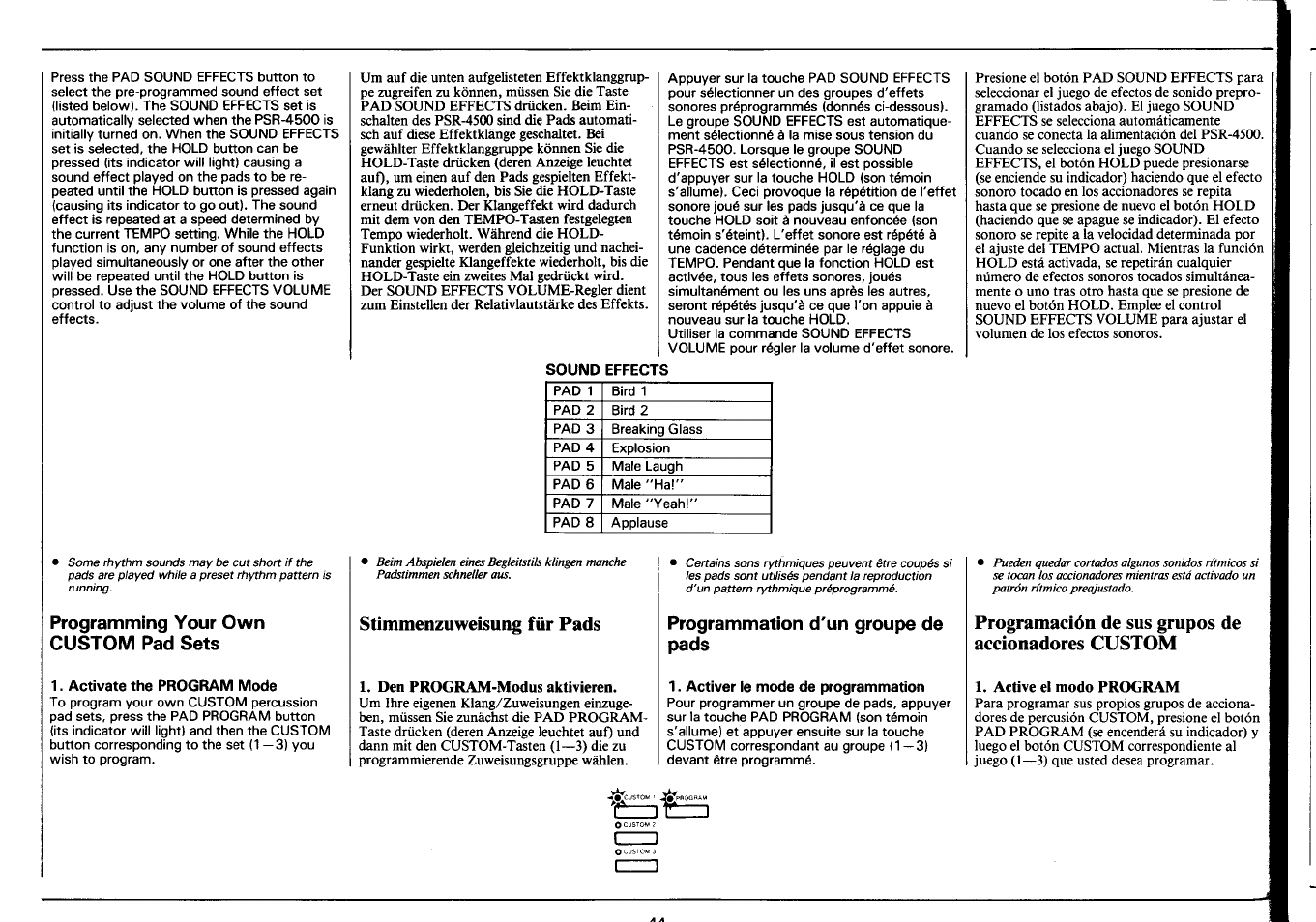 Sound effects, Programming your own custom pad sets, Activate the program mode | Stimmenzuweisung für pads, Den program-modus aktivieren, Programmation d'un groupe de pads, Activer le mode de programmation, Programación de sus grupos de accionadores custom, Active el modo program | Yamaha Portatone PSR-4500 User Manual | Page 46 / 48