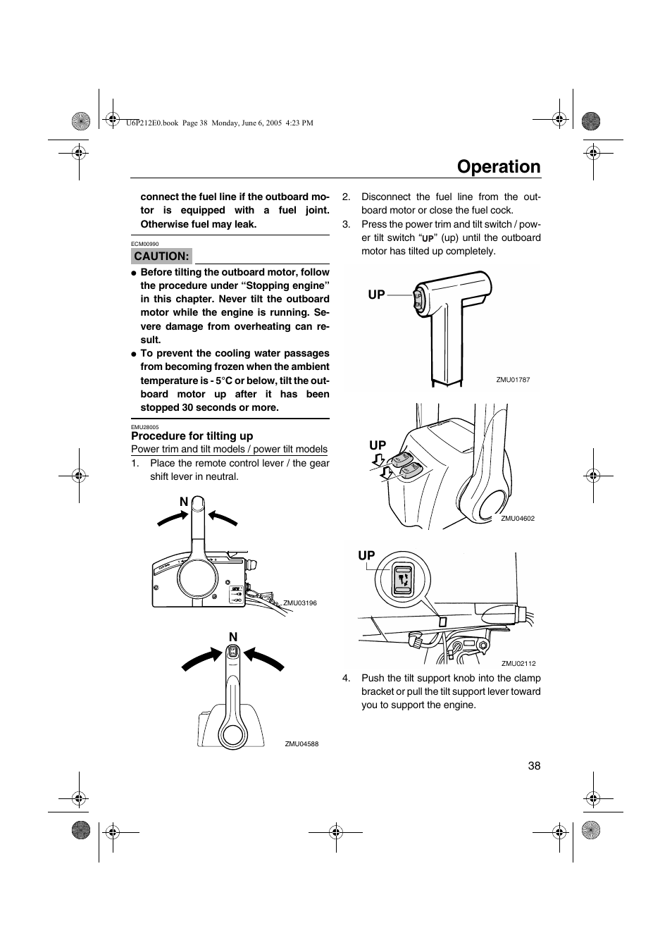 Procedure for tilting up, Operation | Yamaha F250 LF250 User Manual | Page 44 / 83