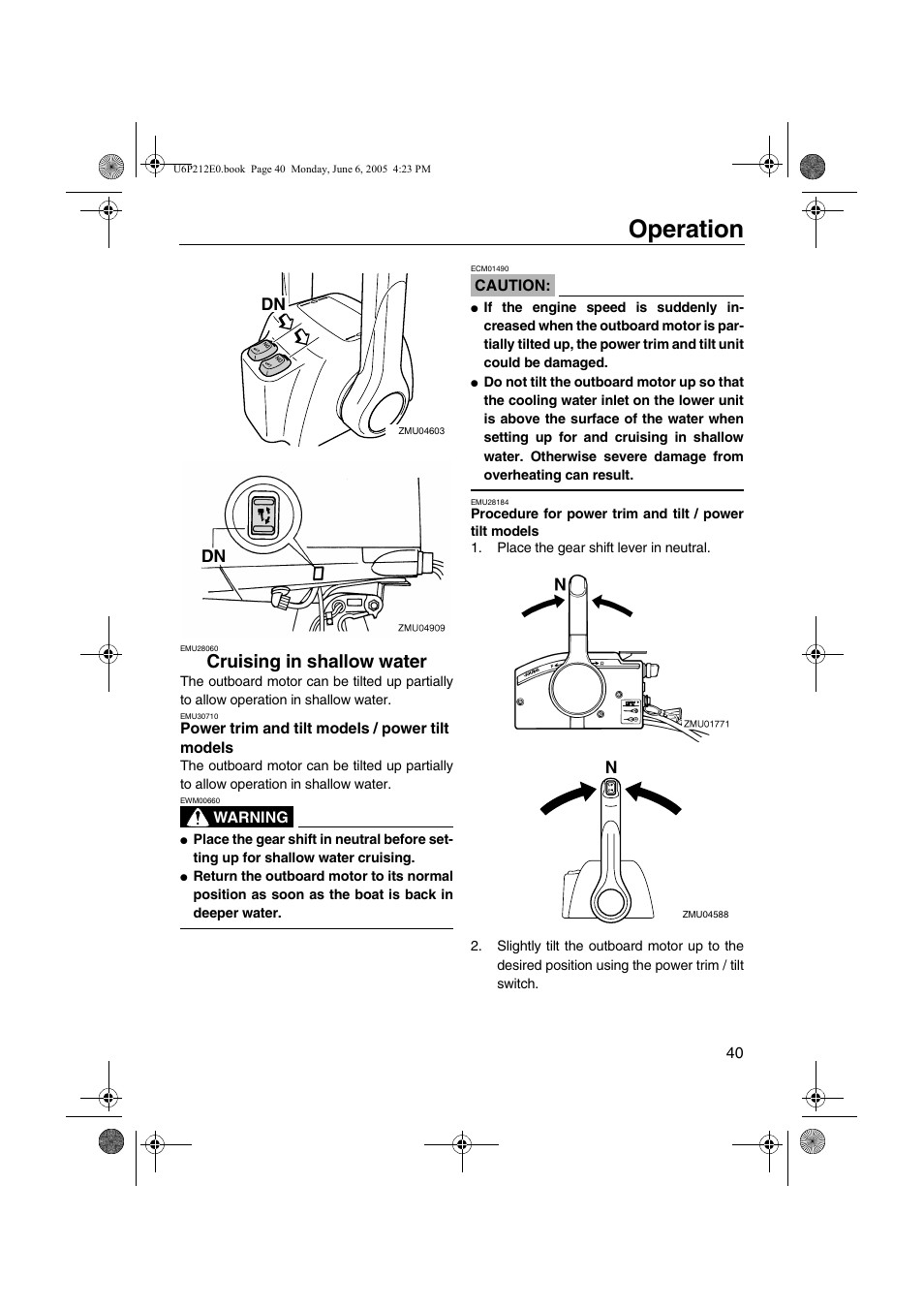 Cruising in shallow water, Power trim and tilt models, Power tilt models | Operation, Dn n | Yamaha F250 LF250 User Manual | Page 46 / 83