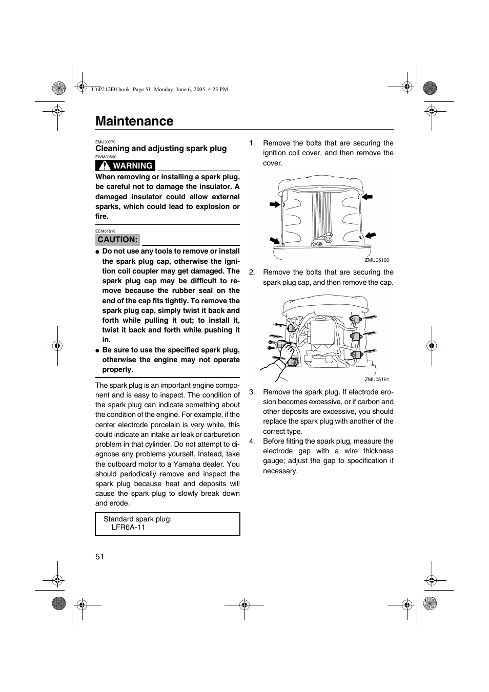 Cleaning and adjusting spark plug, Cleaning and adjusting, Spark plug | Maintenance | Yamaha F250 LF250 User Manual | Page 57 / 83
