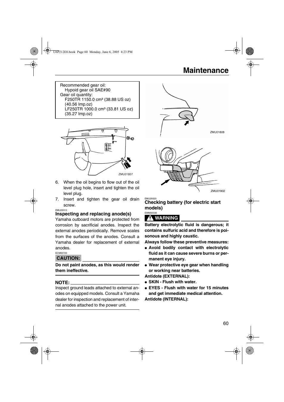 Inspecting and replacing, Anode(s), Checking battery | For electric start models), Maintenance | Yamaha F250 LF250 User Manual | Page 66 / 83