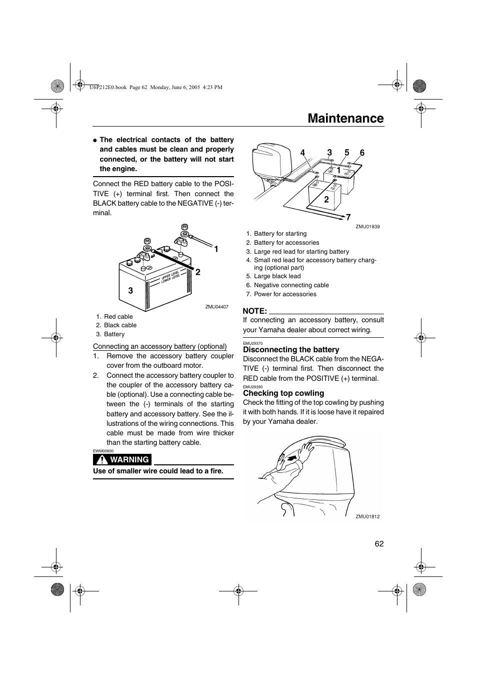 Disconnecting the battery checking top cowling, Maintenance | Yamaha F250 LF250 User Manual | Page 68 / 83