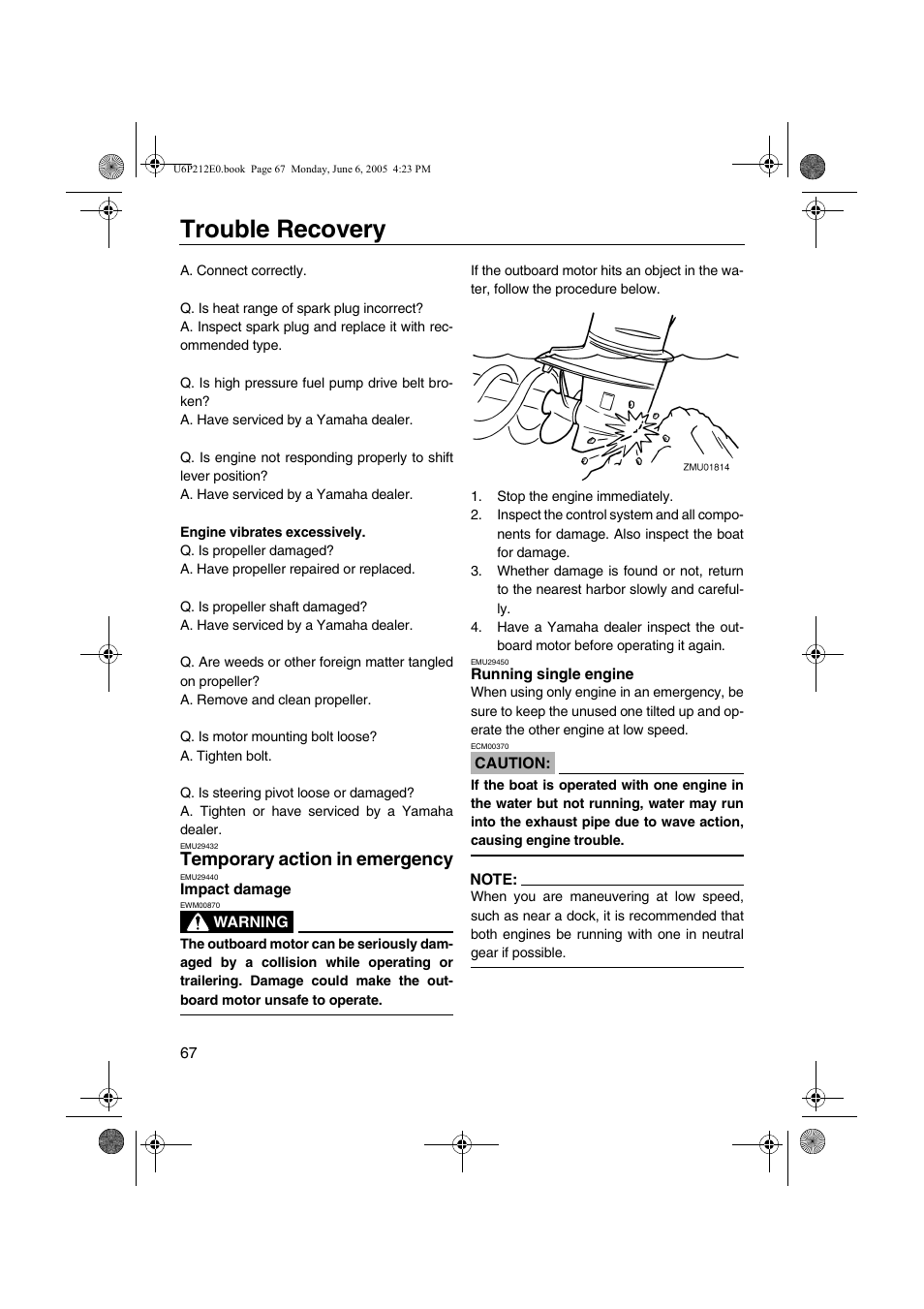 Temporary action in emergency, Temporary action in, Emergency | Impact damage running single engine, Trouble recovery | Yamaha F250 LF250 User Manual | Page 73 / 83