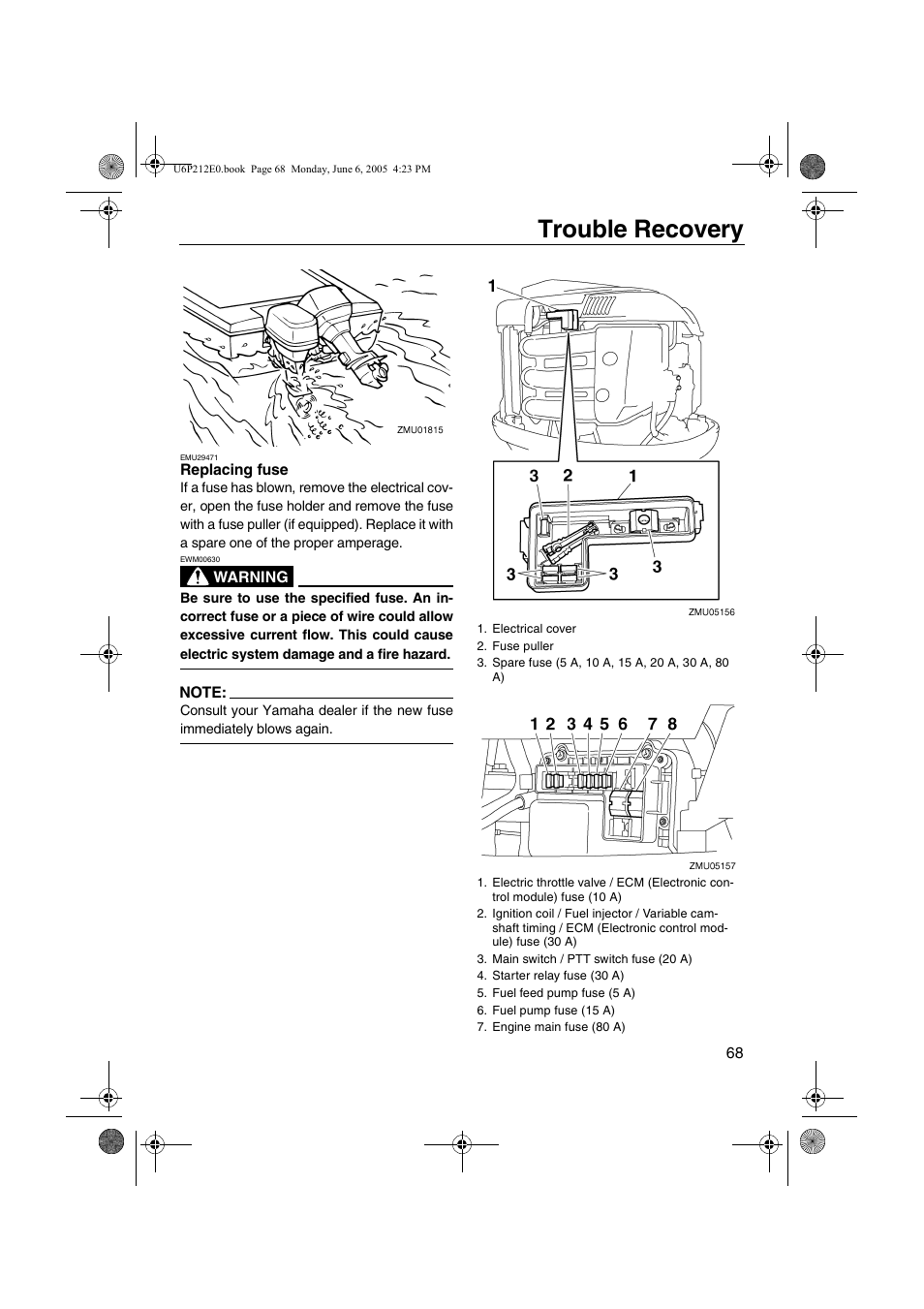 Replacing fuse, Trouble recovery | Yamaha F250 LF250 User Manual | Page 74 / 83