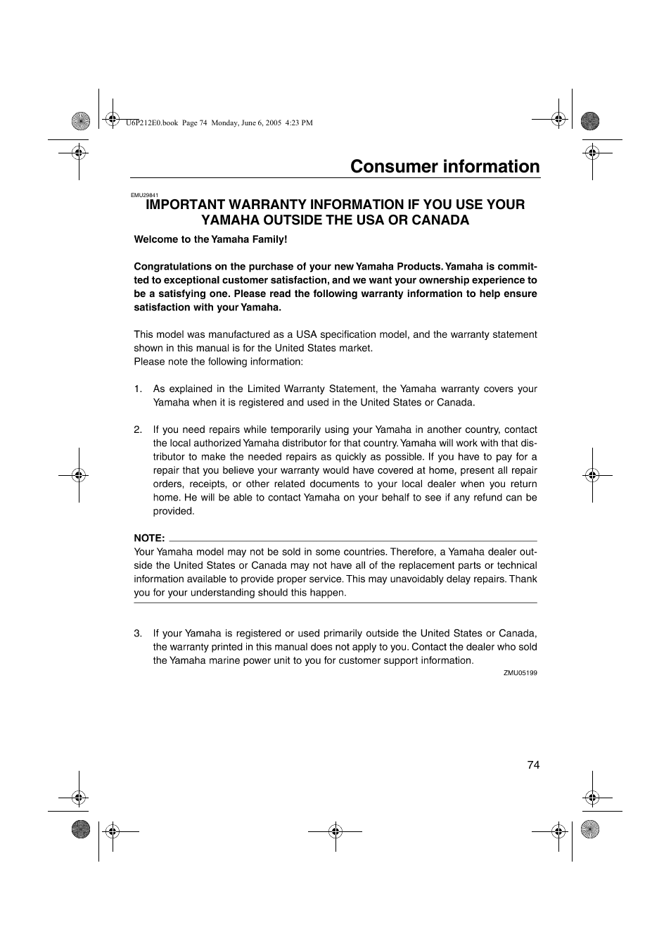 Important warranty, Consumer information | Yamaha F250 LF250 User Manual | Page 80 / 83