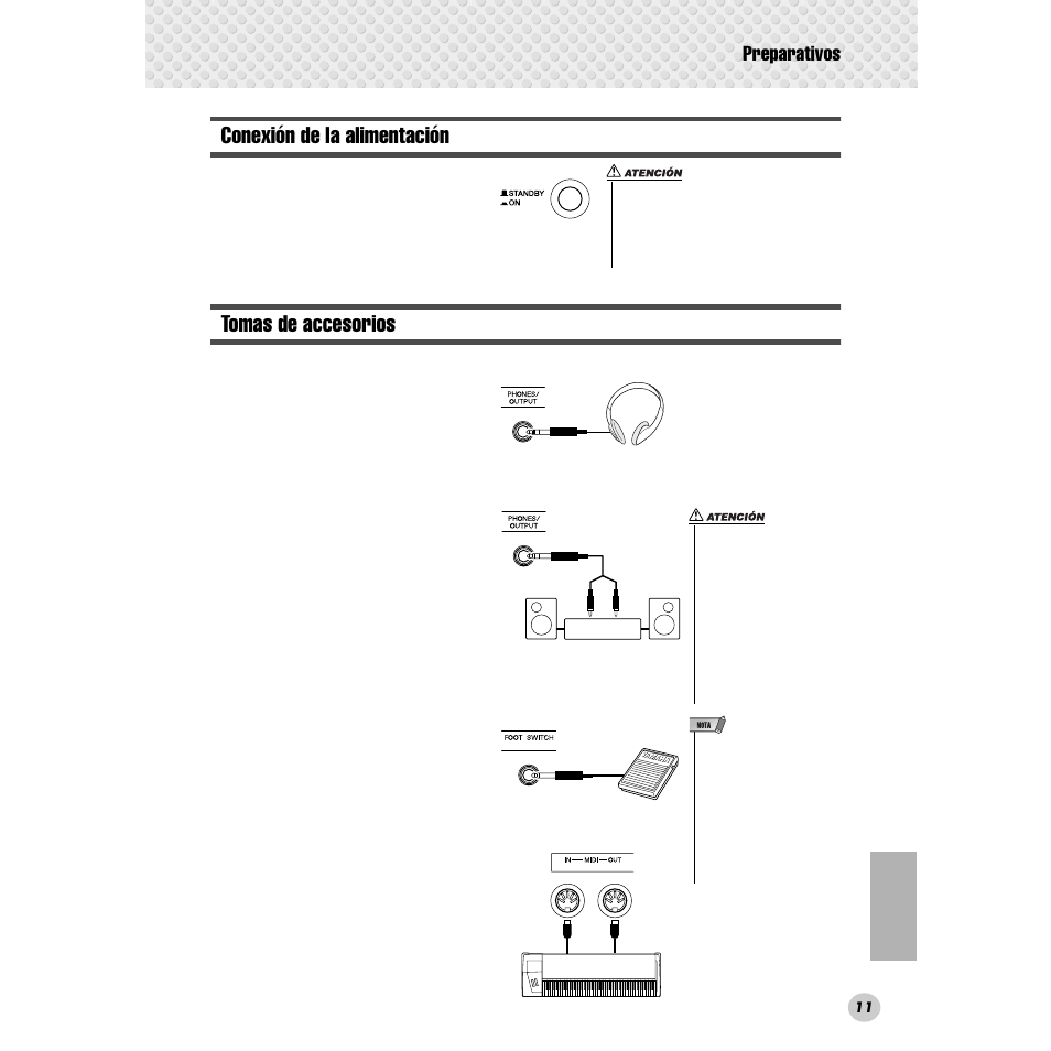 Conexión de la alimentación, Tomas de accesorios, Conexión de la alimentación • tomas de accesorios | Preparativos | Yamaha Portable Grand DGX-300 User Manual | Page 11 / 116