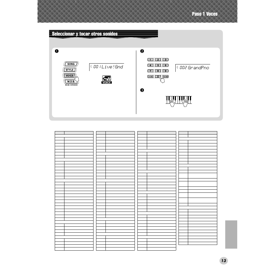 Paso 1 voces, Seleccionar y tocar otros sonidos, Live!gnd | Grandpno | Yamaha Portable Grand DGX-300 User Manual | Page 13 / 116