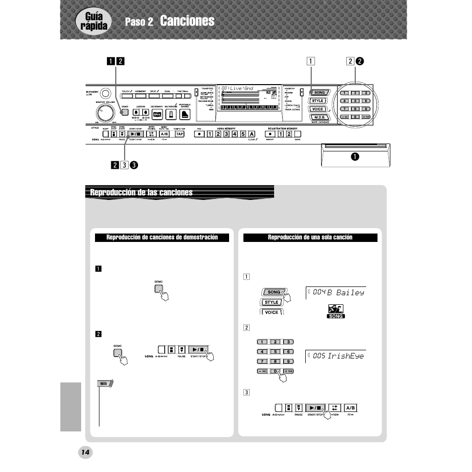Paso 2 canciones, Canciones, Guía rápida paso 2 | Reproducción de las canciones, Zx w q zx xce | Yamaha Portable Grand DGX-300 User Manual | Page 14 / 116