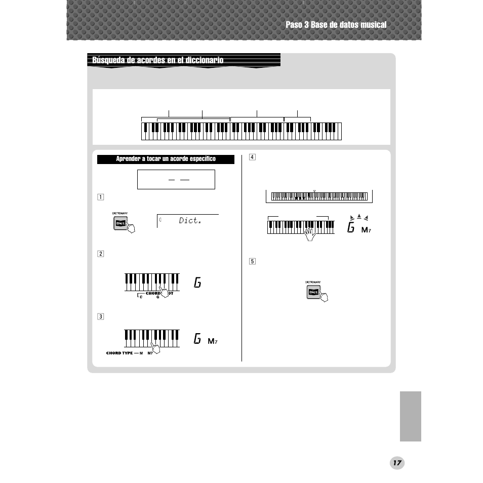 Paso 3 base de datos musical, Búsqueda de acordes en el diccionario, Dict | Yamaha Portable Grand DGX-300 User Manual | Page 17 / 116
