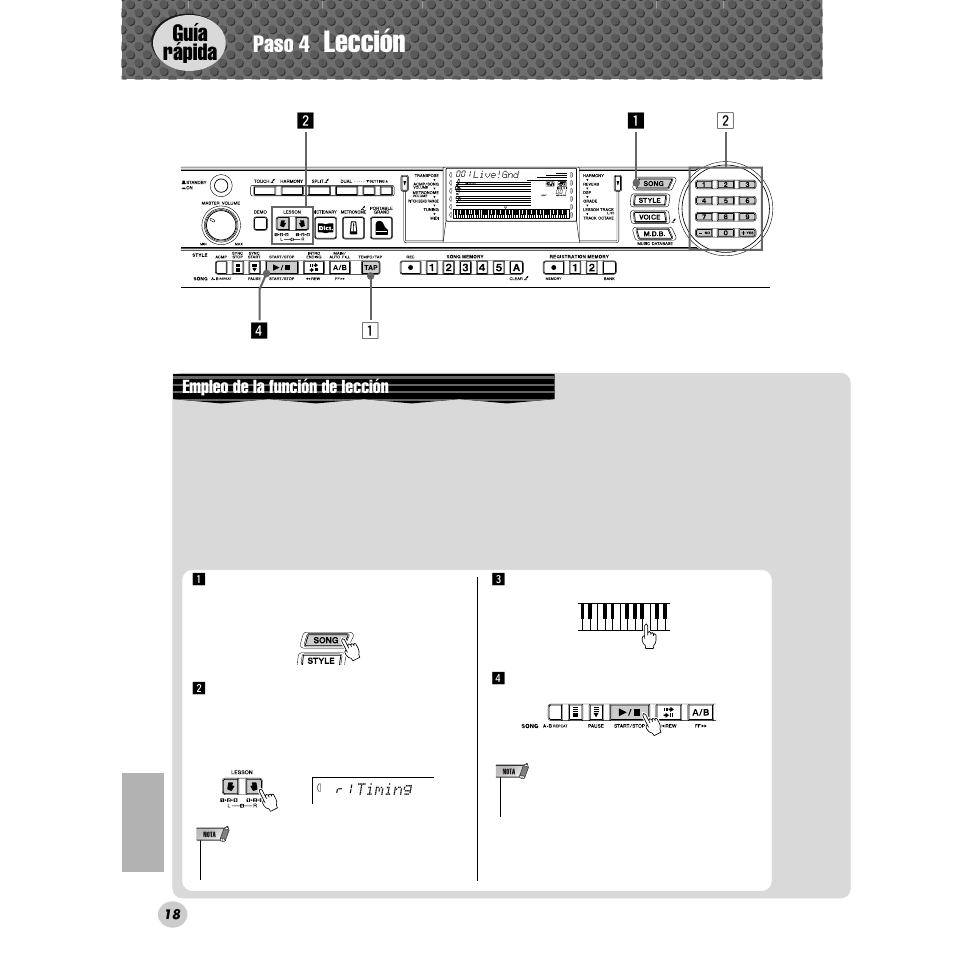 Paso 4 lección, Lección, Guía rápida | Paso 4, Empleo de la función de lección, Vz x x z | Yamaha Portable Grand DGX-300 User Manual | Page 18 / 116