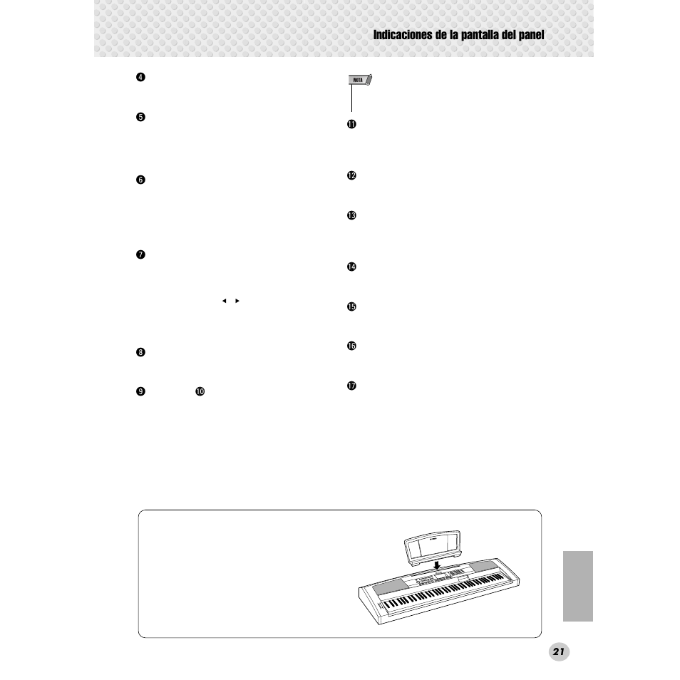 Indicaciones de la pantalla del panel | Yamaha Portable Grand DGX-300 User Manual | Page 21 / 116
