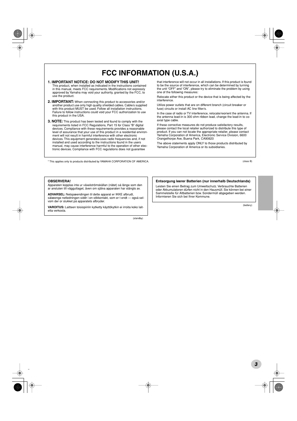 Fcc information (u.s.a.) | Yamaha Portable Grand DGX-300 User Manual | Page 3 / 116