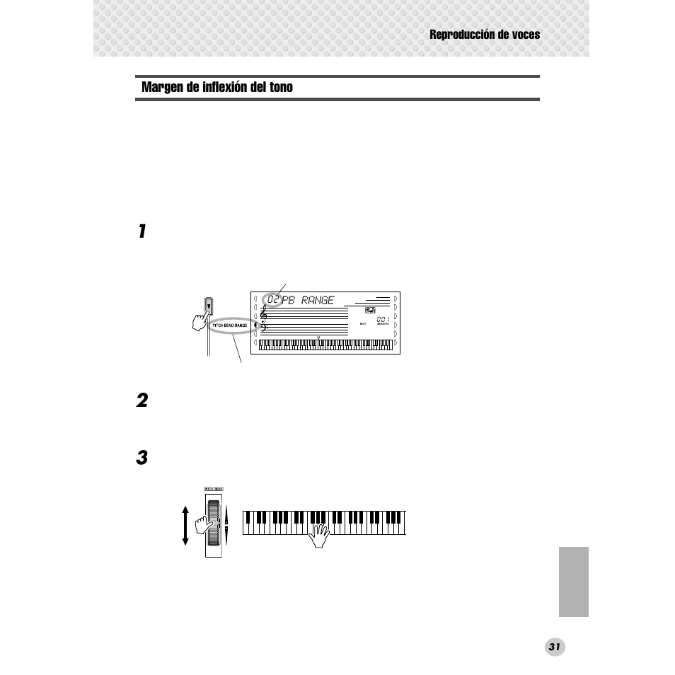 Margen de inflexión del tono, Reproducción de voces | Yamaha Portable Grand DGX-300 User Manual | Page 31 / 116