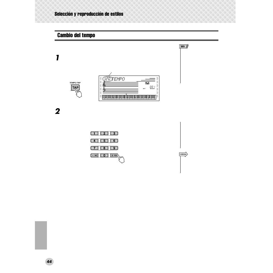 Cambio del tempo, Selección y reproducción de estilos | Yamaha Portable Grand DGX-300 User Manual | Page 44 / 116